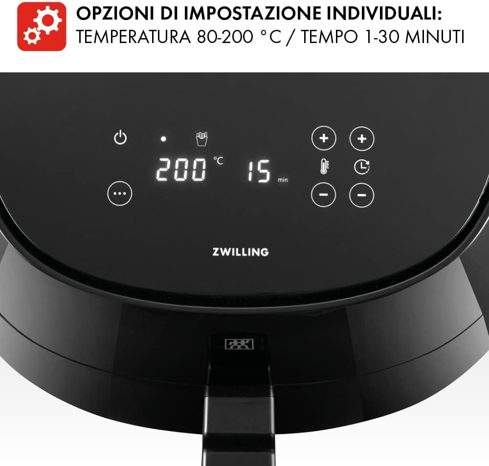 ZWILLING Friggitrice ad aria calda, 4 l, 6 programmi, 1400 Watt, frittura, cottura e cottura senza grassi, incluso ricettario, nero ZWILLING Friggitrice ad aria calda, 4 l, 6 programmi, 1400 Watt, frittura, cottura e cottura senza grassi, incluso ricettario, nero