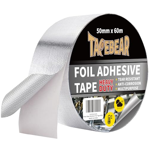 TAPEBEAR Glass Fiber Cloth Aluminum Foil Tape, Professional Insulation High Temperature Duct Tape, Withstand 80°C to 100°C, Reinforced, for HVAC, Repair, Pipe Sealing, 2inch x 65yard