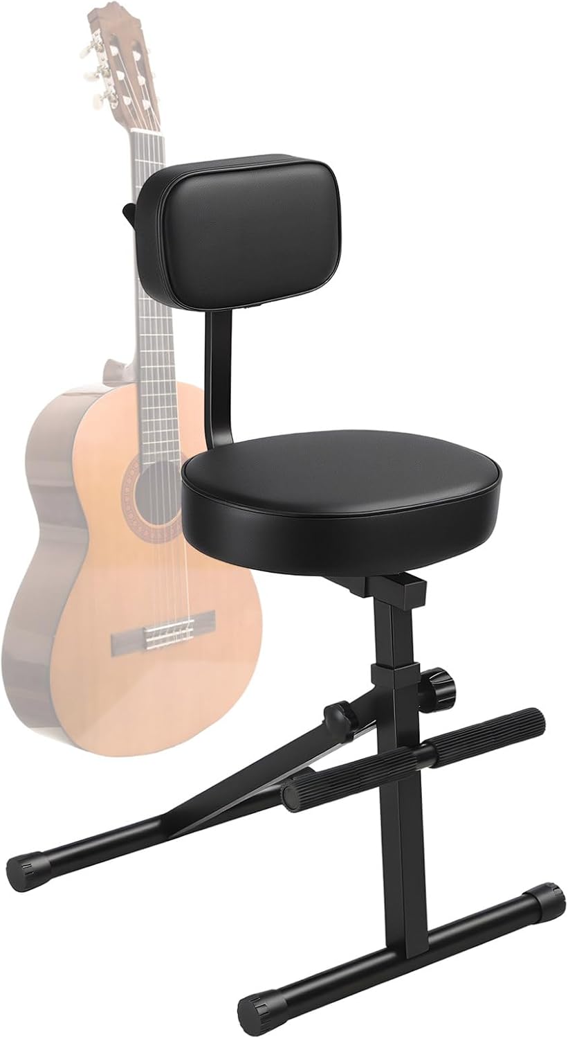 Guitar Stool with Backrest, Foldable Musician Chair with Integrated Footrest&Guitar Hook, Heavy-Duty Steel Frame, Padded Leather Seat for Home/Studio/Gigs, Fits Acoustic/Electric/Bass Guitar