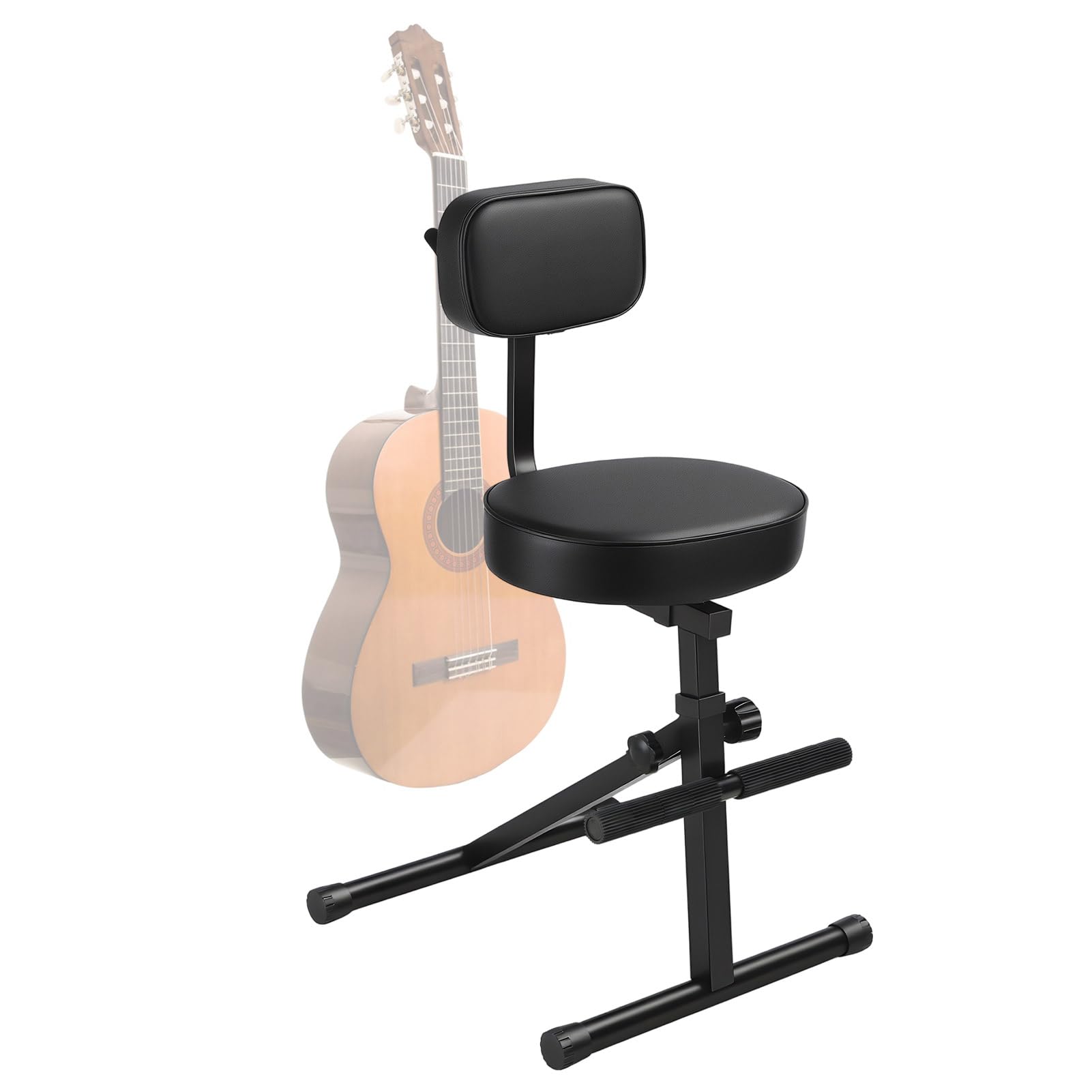 Guitar Stool with Backrest, Foldable Musician Chair with Integrated Footrest&amp;Guitar Hook, Heavy-Duty Steel Frame, Padded Leather Seat for Home/Studio/Gigs, Fits Acoustic/Electric/Bass Guitar