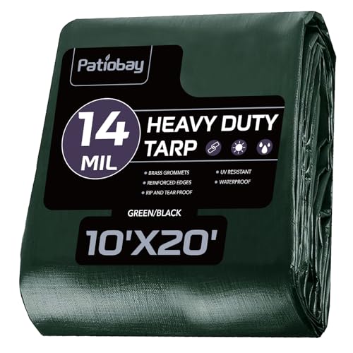 Patiobay Tarp 10x20 Feet, 14 Mil Large Waterproof Tarps Heavy Duty with Brass Grommets, Thick Plastic Tarp, UV Resistant Tear&Fade Resistant, Reinforced Edges for Outdoor Pool Car Camp Tent