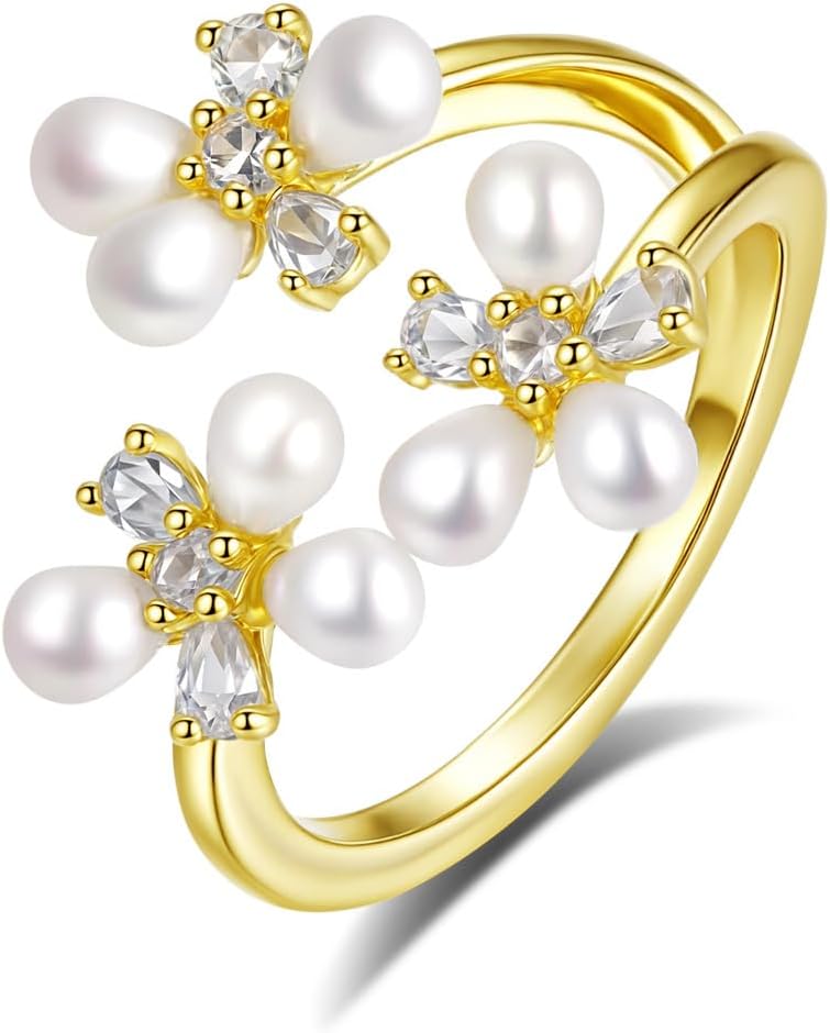 14K Gold Pearl & Moissanite Ring, Floral Open Band Unique Artisan Jewelry for Women
