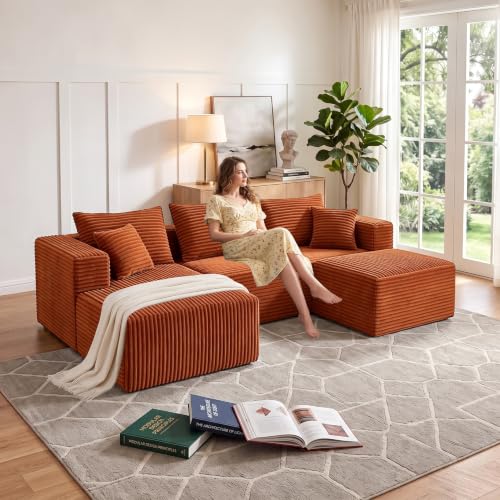 Image of 93 inch U-Shaped Boneless Couch, Corduroy Cloud Couch Sectional with Chaise and Ottoman, Deep Seat Modular Sectional Sofas for Living Room, No Assembly - Orange (Left Facing Chaise)