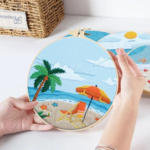 Image of 4 Set Ocean Embroidery Kit for Beginners Adults Embroidery Starter Kit Ocean Beach Pattern Spring Summer Hand Crewel Embroidery Kit Cross Stitch Kit Include Instruction 2 Hoops Color Threads Needles