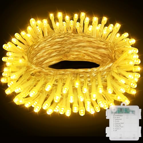 Buudala Luci Albero di Natale a Batteria, 11M 110 LED Luci Natalizie da Esterno ed Interno con Funzione Memoria ed Timer, 8 Modalità Luci di Natale per Giardino, Balcone, Festa, Natale - Bianco Cald