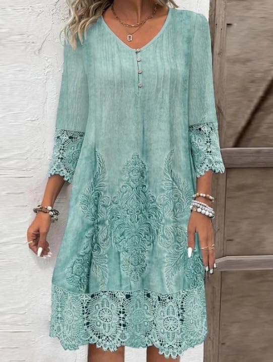 Women's V Neck 3/4 Sleeve Embroidered Midi Dress Boho Lace Trim Washed Tunic Dress Vintage Loose Fit Peasant Dress - Image 2