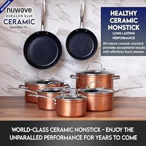 Nuwave Healthy Duralon Blue Ceramic Nonstick Cookware Set, Diamond Infused Scratch-Resistant, PFAS Free, Dishwasher & Oven Safe, Induction Ready & Evenly Heats,Tempered Glass Lids & Stay-Cool Handles Nuwave Healthy Duralon Blue Ceramic Nonstick Cookware Set Diamond Infused Scratch Resistant PFAS Free Dishwasher Oven Safe Induction Ready Evenly HeatsTempered Glass Lids Stay Cool Handles
