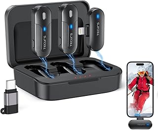 TECURS Lavalier Microphone Wireless for iPhone and Android- Clip on Recording Microphones with Charging Box, Active Noise Cancellation, 50m Range for Live/Streaming/YouTube/TikTok