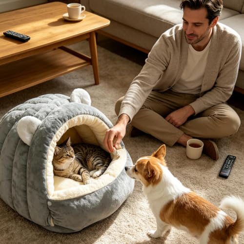 Cama cubierta para gatos lavable con cojín extraíble y base estable de cúpula 3