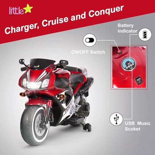 Image of Little Rides Battery Operated Bike for Kids with Foot Accelerator & Music | Rechargeable Ride on Bike with Training Wheels & LED Light | Baby Electric Bike for Kids to Drive 2 to 8 Years (Red) (Red)