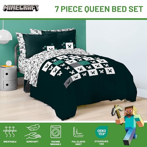 Image of Minecraft Creeper Queen Comforter Set 7 Piece Video Game Bedding, Green | Zombie Enderman, Comforter Sheets Shams Pillowcases, Official Product, Soft Microfiber, Machine Washable, Kids Gift