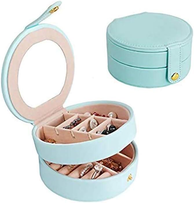 FullgadenTravel Jewelry Organizer Box with Mirror PU Leather Multi-Layer Portable for Earring,Lipstick,Necklace,Bracelet,Rings, Light Blue