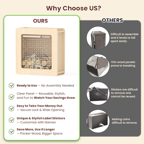 Image of Summidate Wooden Money Saving Box, Clear Window Cash Vault Savings Box -10000 Challenge with Tracker Stickers, Reusable Piggy Bank for Adults & Kids, Birthday /Baby Shower /Wedding Gift