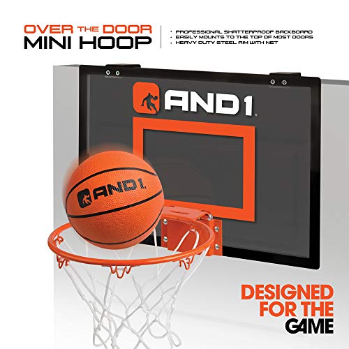AND1 Over The Door Mini Hoop: - 18”x12” Easy to Install Portable Basketball Hoop with Steel Rim, Includes 5” Mini Basketball, Indoor Game Set for Children and Adults- Grey - Thumbnail 2