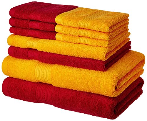 Image of Amazon Brand - Solimo 100% Cotton 10 Piece Towel Set, 500 GSM (Spanish Red and Sunshine Yellow)