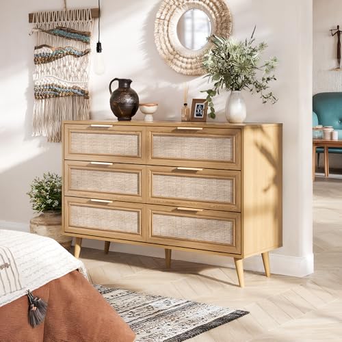 NEWOWNDS Rattan Dresser for Bedroom,47.2\" Wide 6 Drawer Double Dresser,Wooden Dressers Large Chest of Drawers with Golden Handles,Rattan Buffet Sideboard - Thumbnail 6