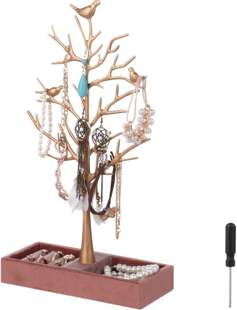 Bird Jewelry Stand With Tree Design, Wooden Tray Jewelry Organizer, Cute Rack For Rings, Earrings, Necklaces, Bracelets For Women And Girls