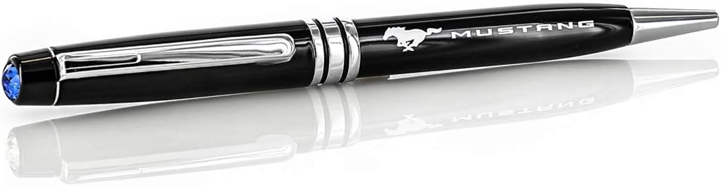 Ford Luxurious jet black sheen Mustang ballpoint pen enriched with a Blue 6mm crystal. Silver-trimmed metal plating pen with a sturdy clip.