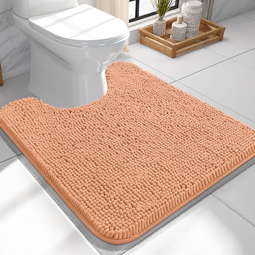 Image of OLANLY Toilet Rugs U-Shaped 24x24, Extra Soft Absorbent Chenille Contour Bathroom Rugs for Toilet, Dry Quickly, Machine Washable, Non-Slip Bath Mat, Peach