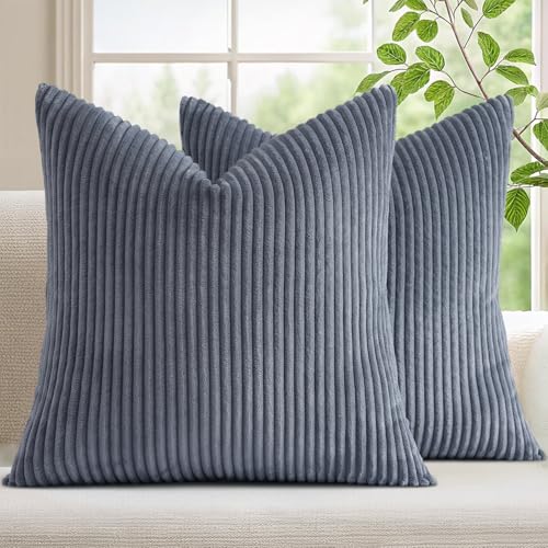 Image of Mecatny Corduroy Decorative Throw Pillow Covers 24x24 Set of 2 for Sofa Living Room, Soft Neutral Boho Couch Pillow Covers for Home Decor, Blue Grey