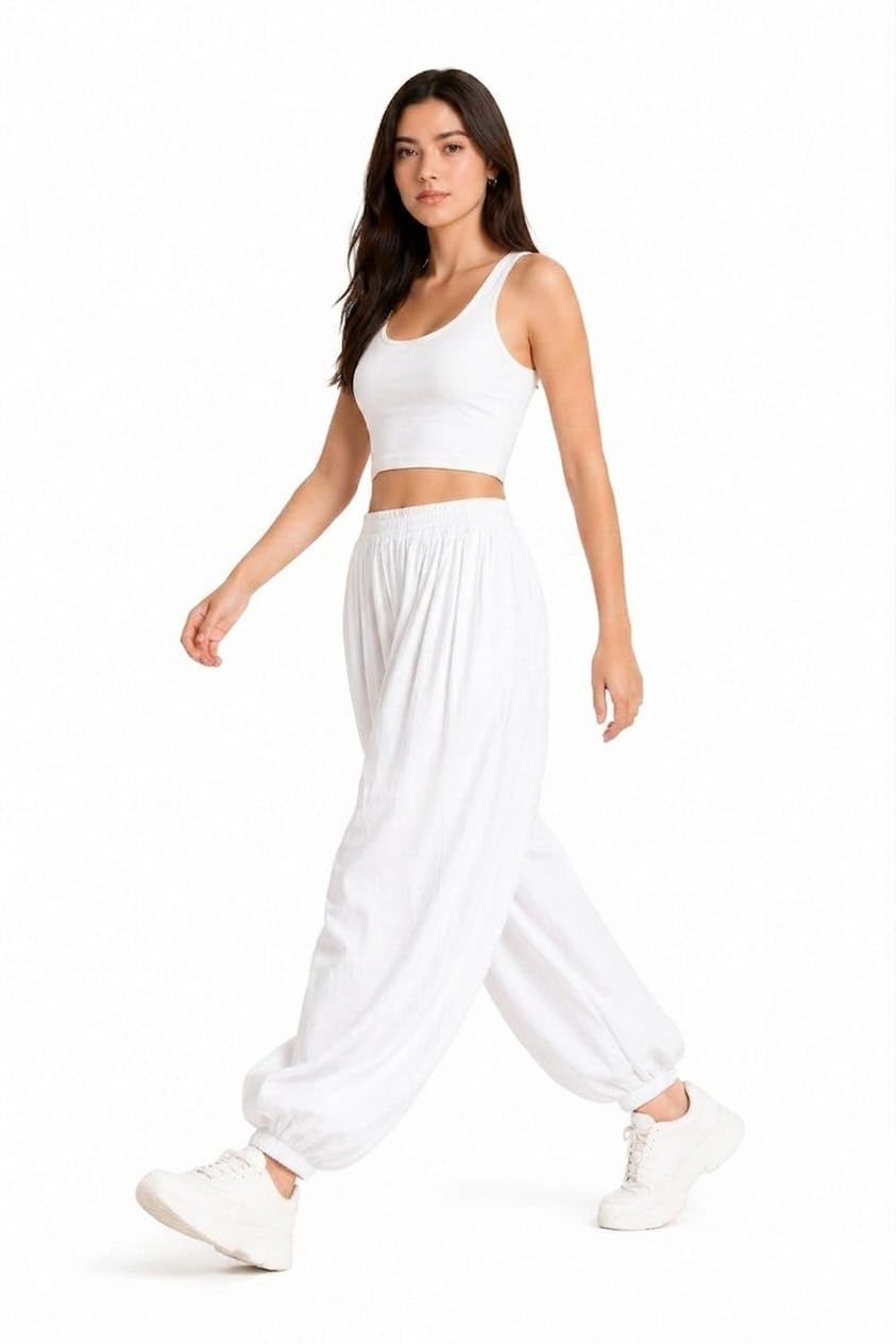Women's Loose Harem Pants, Rayon, Elastic Waist, Korean Style, White, Casual Loungewear-picture-45