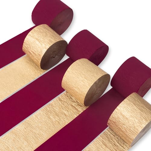 Image of PartyWoo Gold and Burgundy Crepe Paper Streamers 6pcs 492ft Pack of Gold and Maroon Crepe Paper Streamers for Graduation Wedding Birthday Bachelorette Citizenship Strawberry Theme Party Decorations
