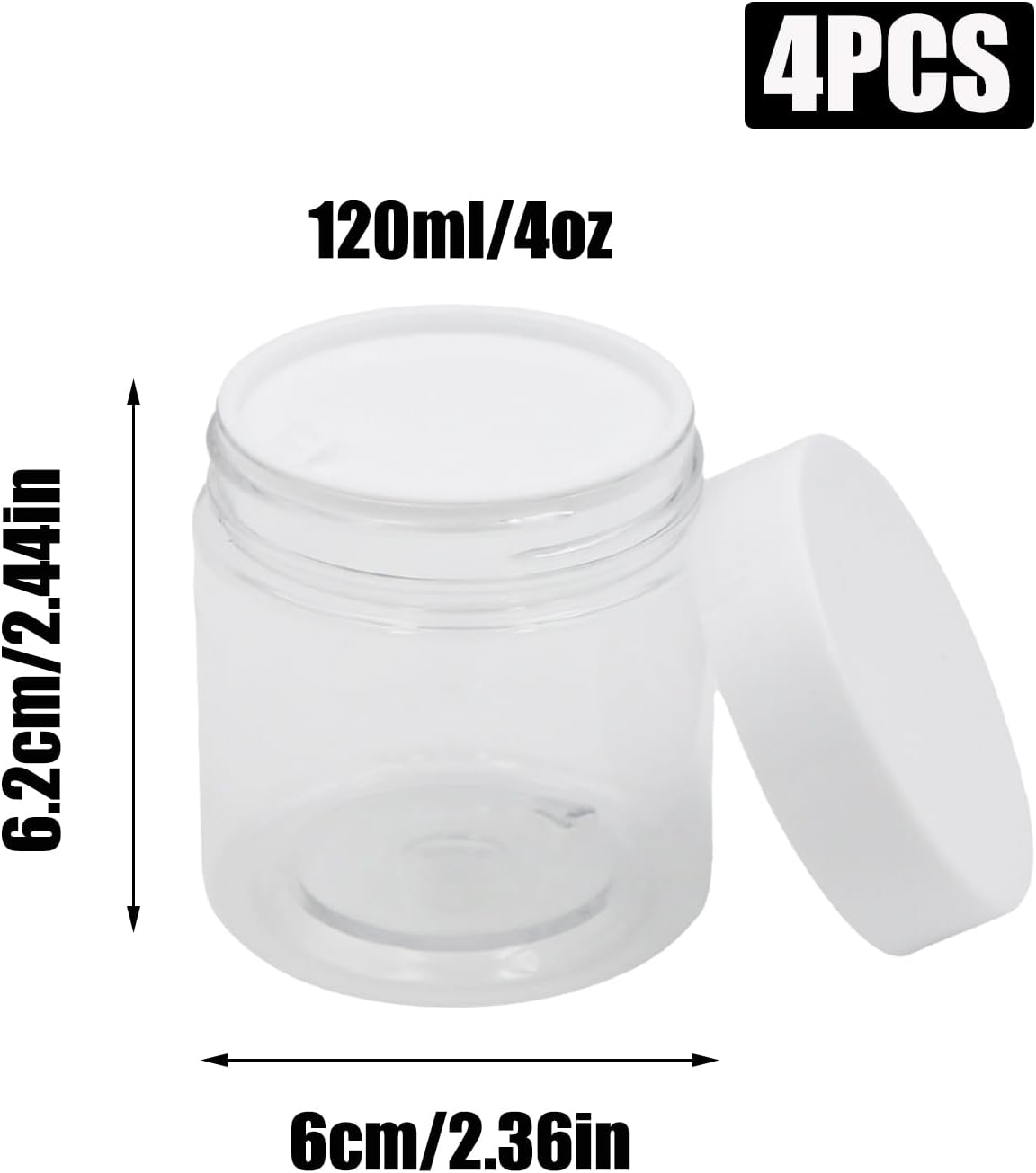 Pine & Linen 4pcs 4OZ Plastic Container Jars,Clear Cosmetic Containers with White Lids Sample Travel Containers Slime Jars,Refillable Round Jar for Storing Lip Balms/Makeup/Body Butter/Dry Food Spice