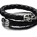COOLSTEELANDBEYOND Elastic Adjustable Men's Black Braided Leather Wrap Bracelet Wristband with Steel Skull Silver Black