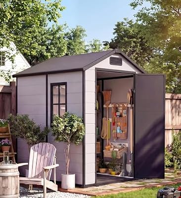 4x6 ft Outdoor Resin Storage Shed with Floor, Lockable Door & Window, Sloping Roof, Plastic Outdoor Sheds with Floor Garden Shed for Backyard Patio Lawn Mower Bike Tool Storage