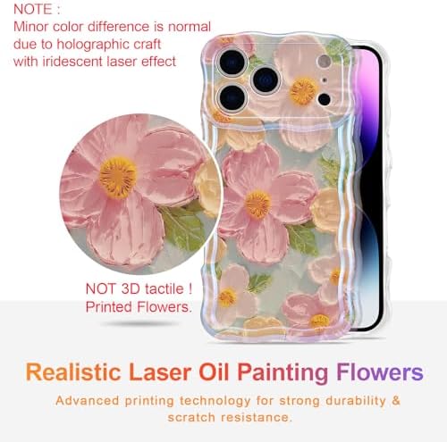 EYZUTAK Case for iPhone 17 Pro Max, Colorful Retro Oil Painting Printed Flower Laser Glossy Pattern Cute Curly Wave Edge Exquisite Phone Cover Stylish Durable TPU Protective Case for Girl Women-Green - 1