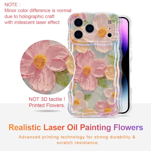 EYZUTAK Case for iPhone 17 Pro Max, Colorful Retro Oil Painting Printed Flower Laser Glossy Pattern Cute Curly Wave Edge Exquisite Phone Cover Stylish Durable TPU Protective Case for Girl Women-Green - Image 3