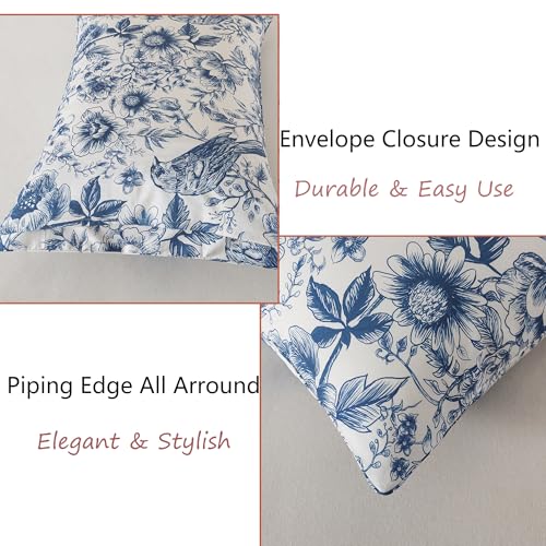 Image of FADFAY Sunflower Bird Sheets Set Cal King 100% Egyptian Cotton Blue Toile de Jouy Bedding Vintage Blue and White Floral Farmhouse Bedding Shabby French Country Sheets Deep Pocket Soft Breathable 4Pcs