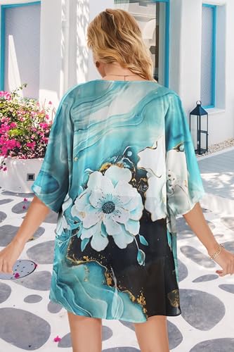 Image of Women's Floral Print Puff Sleeve Kimono Cardigan Loose Cover Up Casual Blouse Tops(Blue Dark Floral,2XL)