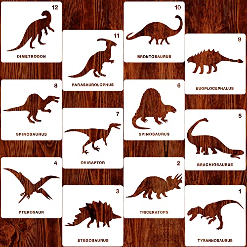 Qpout 12 Plantillas de Dibujo de Dinosaurios, de Plástico Reutilizables para Pintar sobre Madera, Tarjetas de Felicitación, Álbum de Recortes, Cuaderno