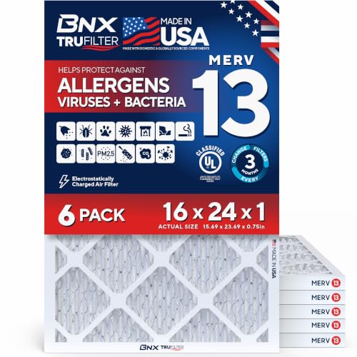 Image of BNX TruFilter 16x24x1 Air Filter MERV 13 AC Filter, HVAC Furnace Filter, 6 Pack (ACTUAL SIZE 15.69 inchx23.69 inchx0.75 inch) Allergies, Dust, Pet Dander & Smoke - MADE IN USA - MPR1500 / FPR 10