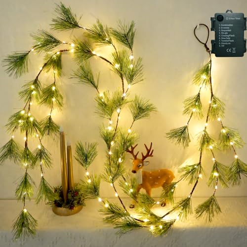 Image of 2025 New 6.56FT Christmas Pine Garland Lights 96 Warm White LED Lights 8 Flash Modes Battery Operated with Timer Lighted Smoky Pine Garland for Mantle Fireplace Indoor Home Christmas Decoration