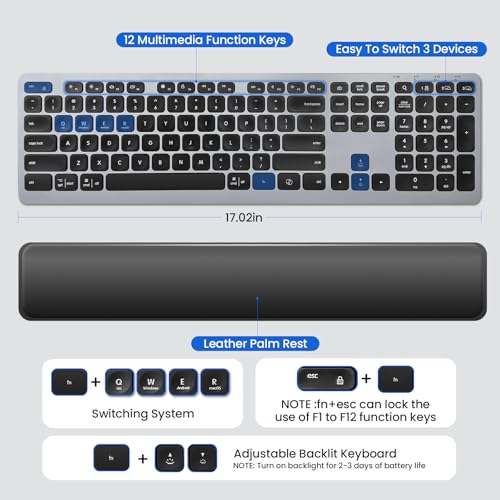 Wireless Keyboard, Bluetooth Keyboard with Leather Palm Rest, Backlighting, Multi-Device P - image 4