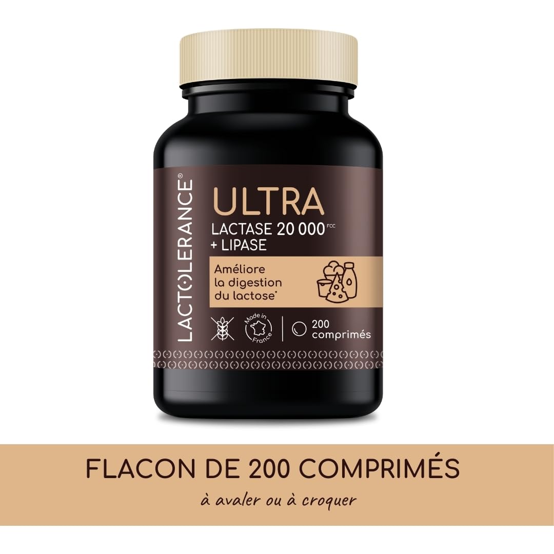 LACTOLERANCE ULTRA Lactase 20 000 FCC Lipase 500 UI 200 Comprimés Double action lactose et graisses enzymes digestives