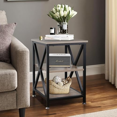 Image of TooCust Square End Table with Storage Shelf, 16 inch D X 16 inch W X 24 inch H, 3-Tier End Table Living Room, Rustic Brown End Tables, X-Shaped Night Stand for Bedroom, Farmhouse Wood End Tables, Grey
