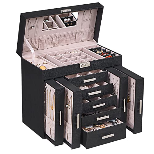 Anwbroad Huge Jewelry Box Jewelry Organizer Case 6 Tier 40 Hooks Display Storage Holder With Lock Mirror Girls Jewelry Box Earrings Rings Necklaces Bracelets Earrings Gift Faux Leather Black Ujjb018B #TOP7
