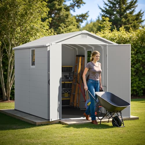Image of Greesum 6x10FT Plastic Outdoor Storage Shed with Floor, Resin Storaged Sheds with Lockable Double Door, Windows & Vents, All-Weather Tool Sheds for Garden, Patio, Backyard, Light Gray