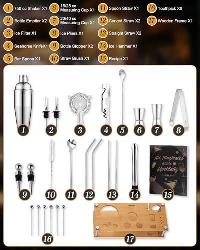 Trongle 26 Pieces Cocktail Shaker Set, 750ml Stainless Steel Cocktail Making Set, Wooden Display Stand - Image 2