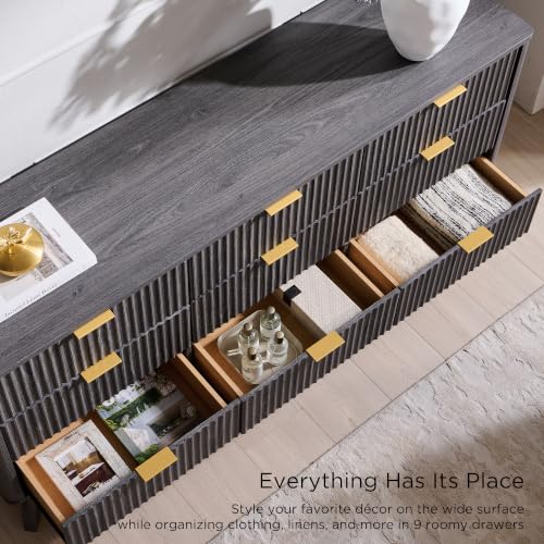Image of T4TREAM 63 inch Wide Fluted 9 Drawer Dresser for Bedroom, Dark Alder
