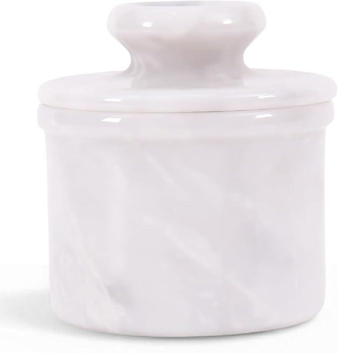 Butter Keeper 4.25 Inches White Ziarat Handmade Marble Covered Butter Dish with Lid for Countertop, French Butter Crock For Soft Butter Spreader
