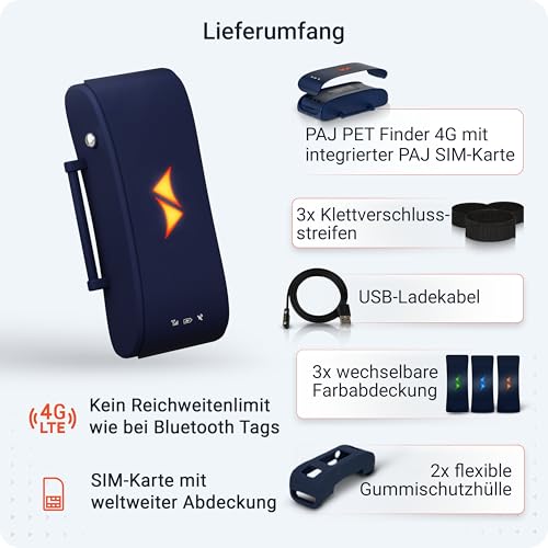 PAJ GPS Tracker für Hunde - 4G - Weglaufalarme + weltweite Live-Ortung - bis zu 10 Tage Akkusparmodus - Hunderückruf - mit Leucht-LEDs - Wasserdicht (IP67) - passt an jedes Halsband (Blau)