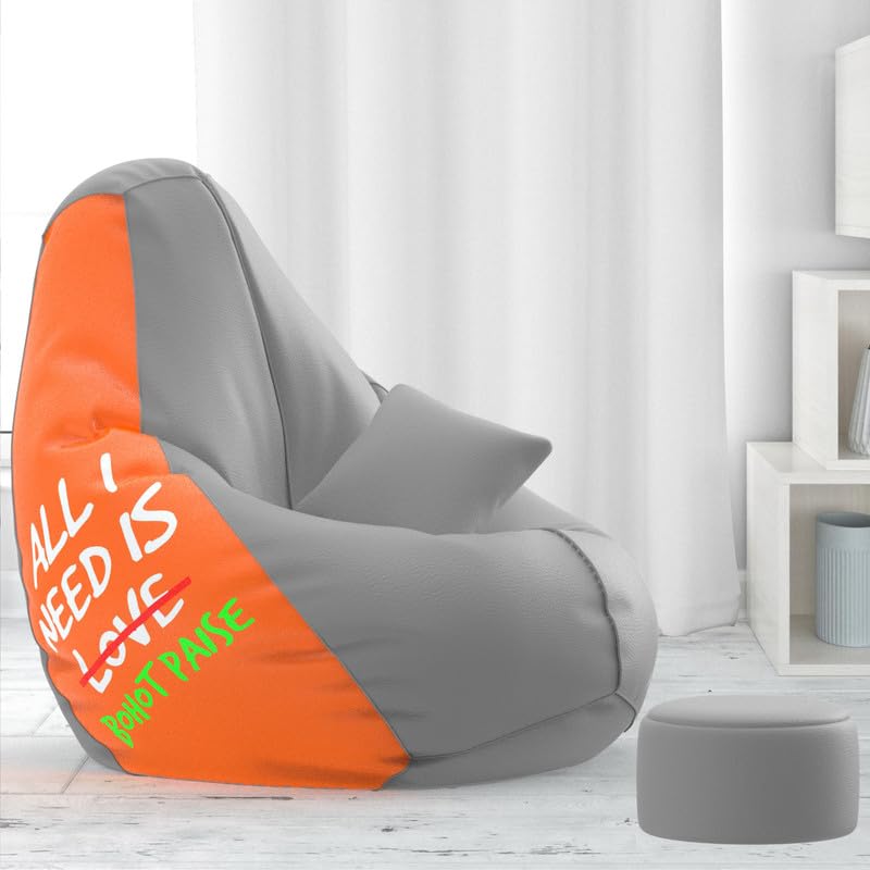 Image of Biggie Bean Bag Chair 4XL with Beans Filled-Pop Prints-Printed Designer Bags-Quirky Prints with Free Cushion & Footrest (Matching Color : Printed, All I Need is Bohot Paise - Orange Grey)