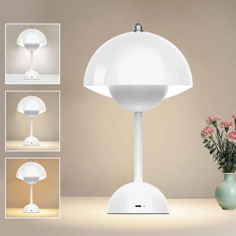 LOMUG LED Flowerpot Tischlampe, Pilzlampen Tischlampe, Kabellos Tischleuchte Touch Dimmbar Pilz Lampe mit 3 Helligkeitsmodi für Schlafzimmer Wohnzimmer Kinderzimmer Hochzeit Bars (Weiß)