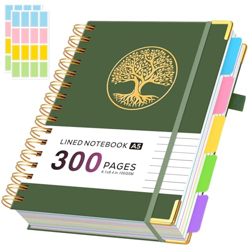 ROBCURSE A5 Spiral Notebook With Dividers 5 Subject Notebook With 300 Pages/150 Sheets 100GSM Lined Paper No Bleed 5 Project Notepad For Writing Note Taking School Office Supplies 14.7 X 21 Cm