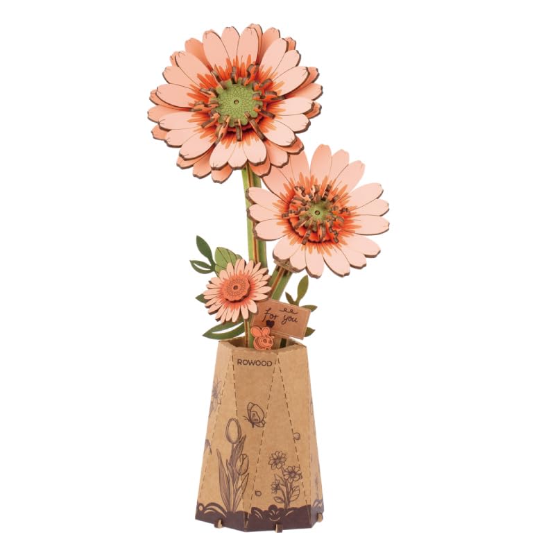 ROWOOD Gerbera Daisy 3D Wooden Puzzle Kit packaging and assembled flower