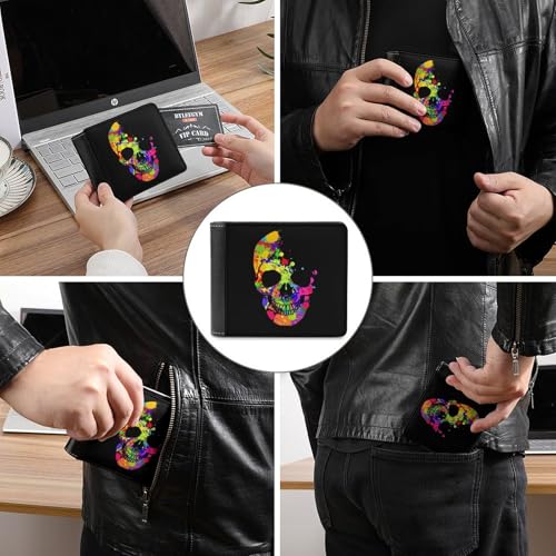 Watercolor Skull Fashion Bifold Wallets for Men Women Slim & Thin Credit Card Holder Wallet Purse3